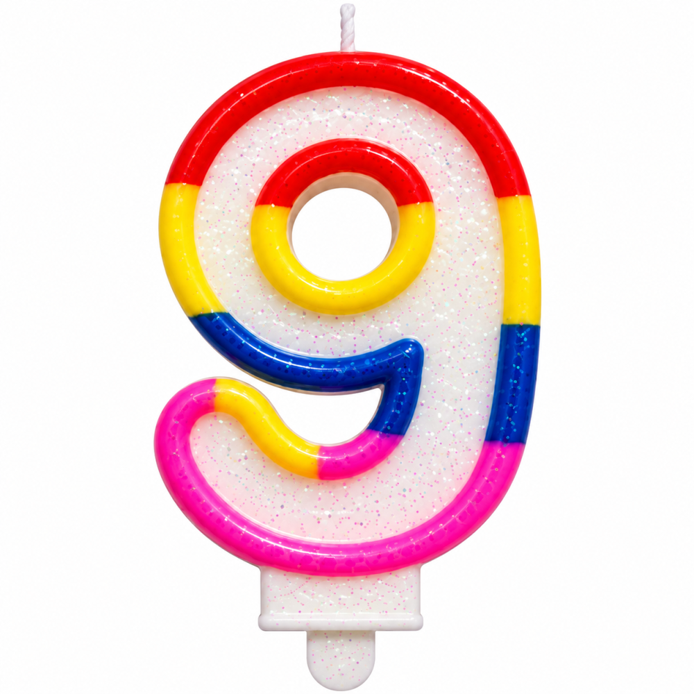 Lumanare tort cifra 9 cu sclipici, multicolora rosu, galben, albastru si roz, pentru aniversari si decor festiv, cu suport pentru fixare [1]