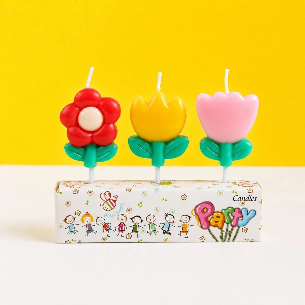 Lumanari pentru tort rosu galben roz 7 x 4 cm, set 3 buc, flori decorative 3D din parafina premium, pentru aniversari, botez, petreceri si candy bar [2]