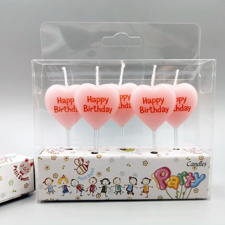 Lumanari pentru tort roz 6 x 2.5 cm, set 5 buc, model inimioara Happy Birthday, din parafina premium, pentru aniversari, petreceri si candy bar [6]
