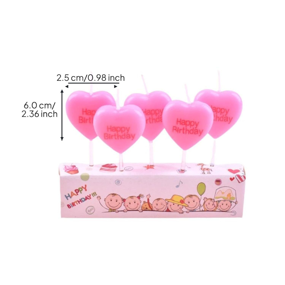 Lumanari pentru tort roz 6 x 2.5 cm, set 5 buc, model inimioara Happy Birthday, din parafina premium, pentru aniversari, petreceri si candy bar [4]