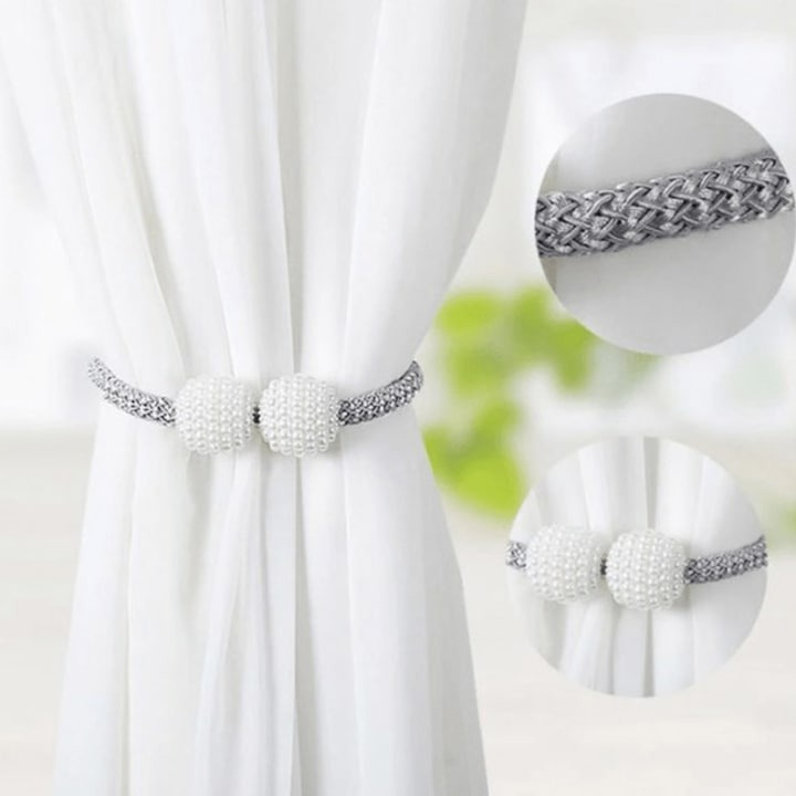 Magnet decorativ pentru perdele si draperii, catarama cu perle si curea cu textura tesuta, poliester, 48 cm, argintiu [3]