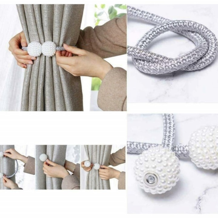 Magnet decorativ pentru perdele si draperii, catarama cu perle si curea cu textura tesuta, poliester, 48 cm, argintiu [4]