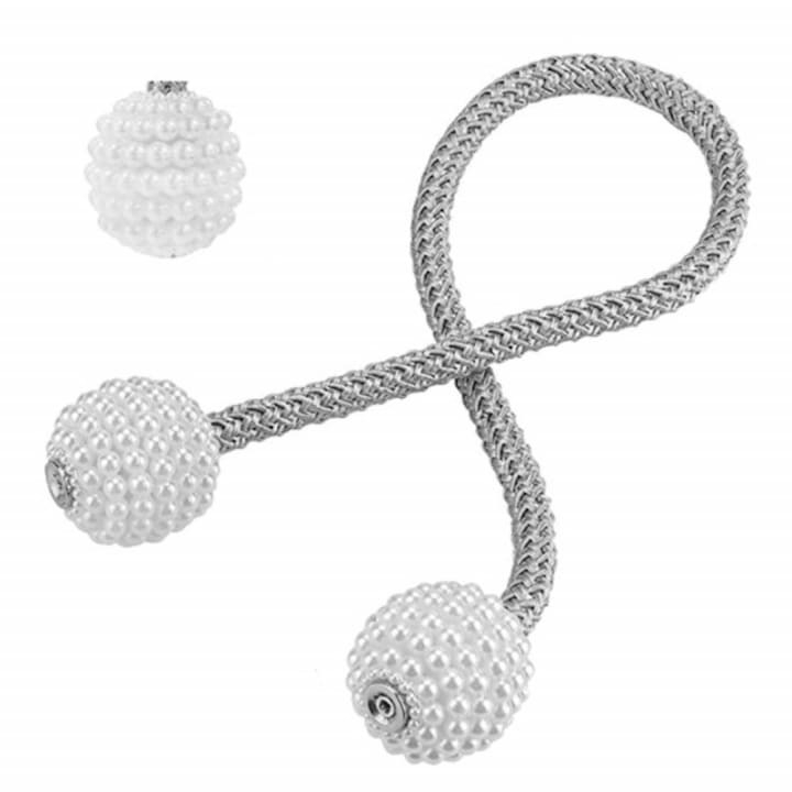 Magnet decorativ pentru perdele si draperii, catarama cu perle si curea cu textura tesuta, poliester, 48 cm, argintiu [6]