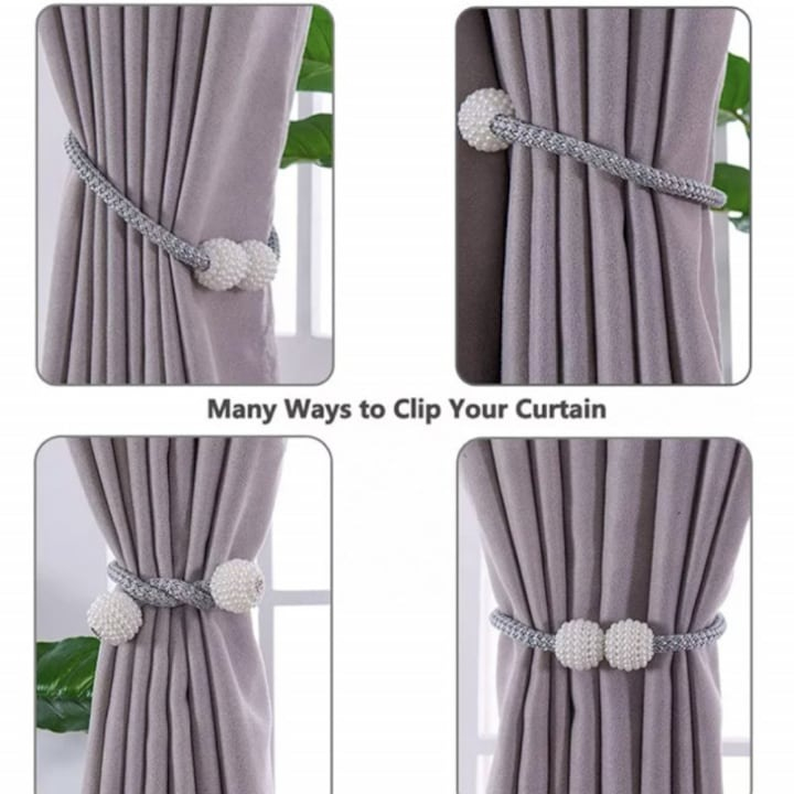 Magnet decorativ pentru perdele si draperii, catarama cu perle si curea cu textura tesuta, poliester, 48 cm, argintiu [5]