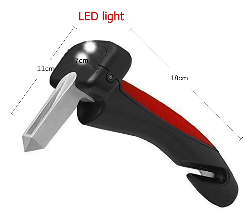 Maner auto 4 in 1 pentru siguranta masina, ciocan geam cutter centura lanterna LED si sprijin, rosu negru [6]