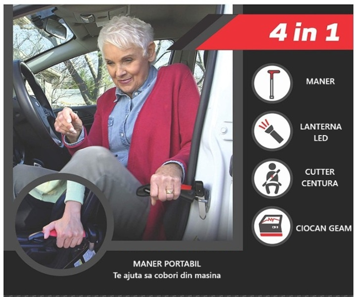 Maner auto 4 in 1 pentru siguranta masina, ciocan geam cutter centura lanterna LED si sprijin, rosu negru [8]