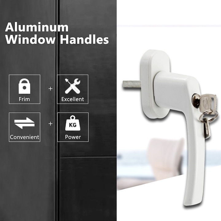 Maner fereastra cu incuietoare de siguranta, antiefractie, cu chei si suruburi, model universal, aluminiu alb [4]