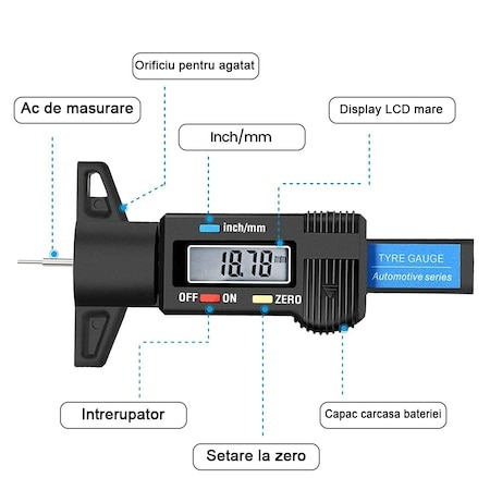 Manometru digital, instrument pentru masurarea profilului anvelopei - Negru [2]