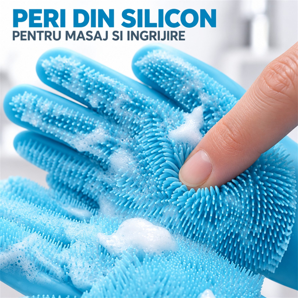 Manusi albastre din silicon pentru caini si pisici, set 2 bucati, periaj, masaj si baie, peri flexibili pentru ingrijirea blanii [8]