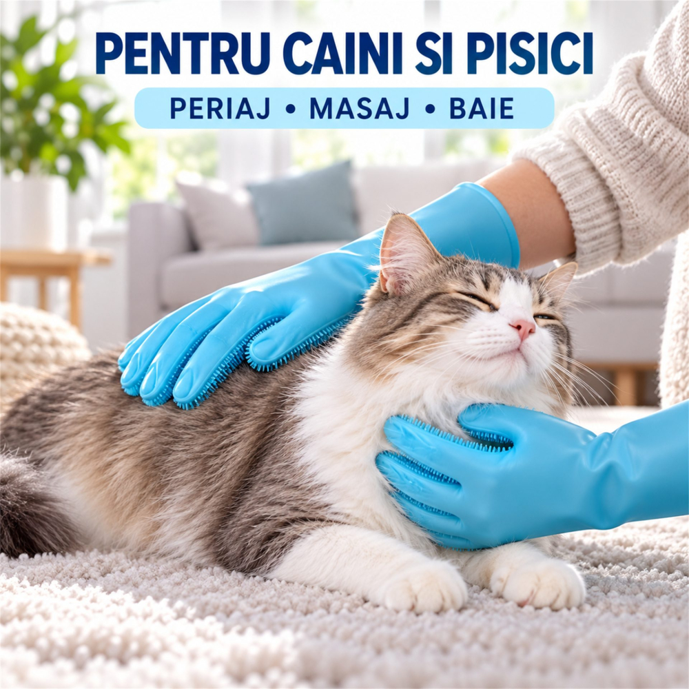Manusi albastre din silicon pentru caini si pisici, set 2 bucati, periaj, masaj si baie, peri flexibili pentru ingrijirea blanii [6]