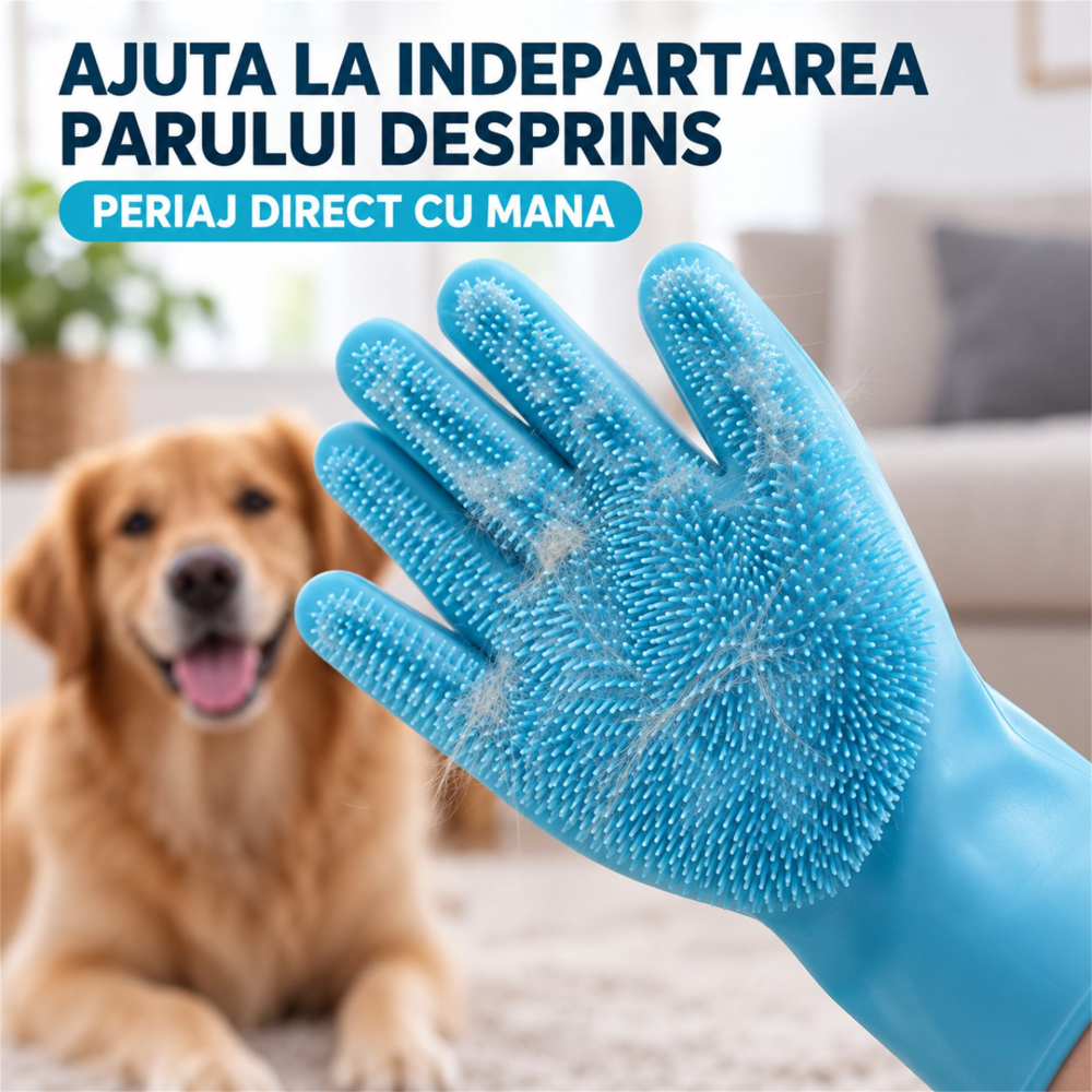 Manusi albastre din silicon pentru caini si pisici, set 2 bucati, periaj, masaj si baie, peri flexibili pentru ingrijirea blanii [4]