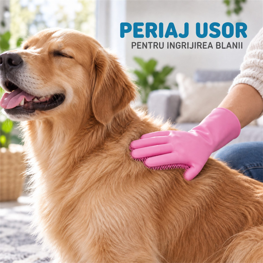 Manusi din silicon roz pentru periaj, baie si masaj animale, cu peri flexibili [9]