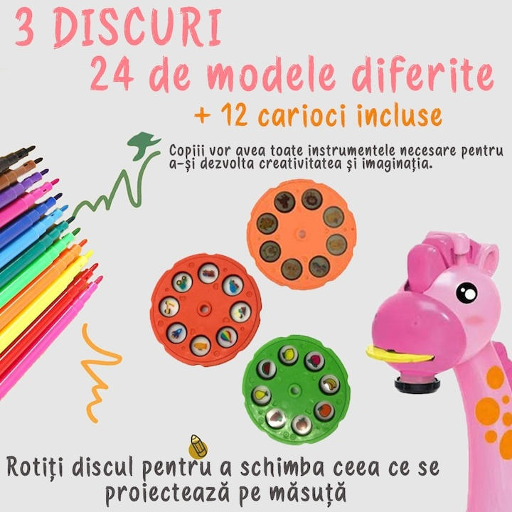 Masuta de desen pentru copii cu proiector Girafa – set creativ cu 3 discuri, 12 markere colorate, caiet si burete, jucarie educativa pentru copii 3+ [5]