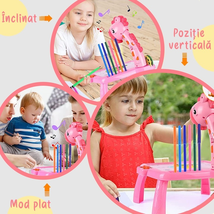 Masuta de desen pentru copii cu proiector Girafa – set creativ cu 3 discuri, 12 markere colorate, caiet si burete, jucarie educativa pentru copii 3+ [3]
