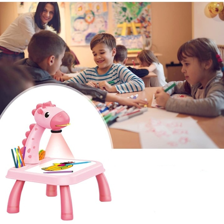Masuta de desen pentru copii cu proiector Girafa – set creativ cu 3 discuri, 12 markere colorate, caiet si burete, jucarie educativa pentru copii 3+ [7]