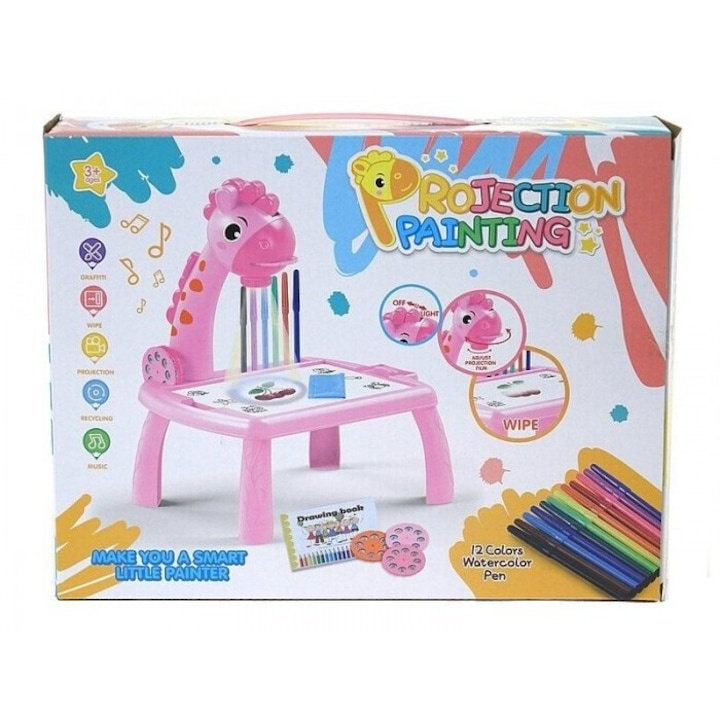 Masuta de desen pentru copii cu proiector Girafa – set creativ cu 3 discuri, 12 markere colorate, caiet si burete, jucarie educativa pentru copii 3+ [2]