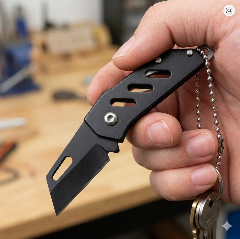 Mini briceag pliabil tip breloc din otel, compact, cu lant pentru chei, negru, 10 cm [2]