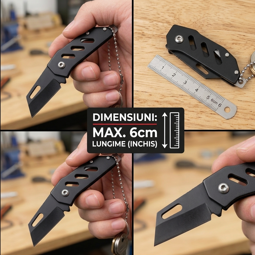 Mini briceag pliabil tip breloc din otel, compact, cu lant pentru chei, negru, 10 cm [3]