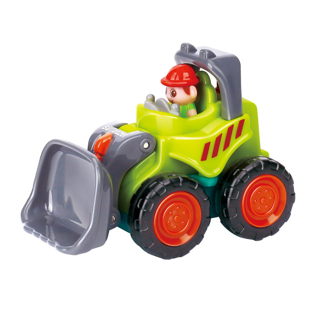 Mini buldozer pentru copii, verde lime cu gri antracit, 6.7 x 5.5 x 4 cm, utilaj de constructie cu lama mobila, roti mobile, ambalaj PVC [2]