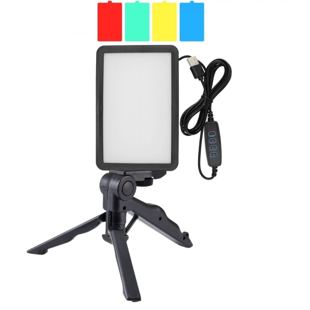 Mini panou Bi Color 160 LED, mini trepied vlogging, filet 1 4, 4 filtre de culoare, alimentare USB, 2 filete universale 1 4 si 2 spatii destinate pentru montare patina