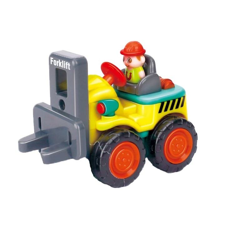 Mini stivuitor pentru copii, galben cu gri antracit, 7 x 5.4 x 4 cm, vehicul de constructie, jucarie cu furci mobile, roti functionale, ambalaj PVC [5]