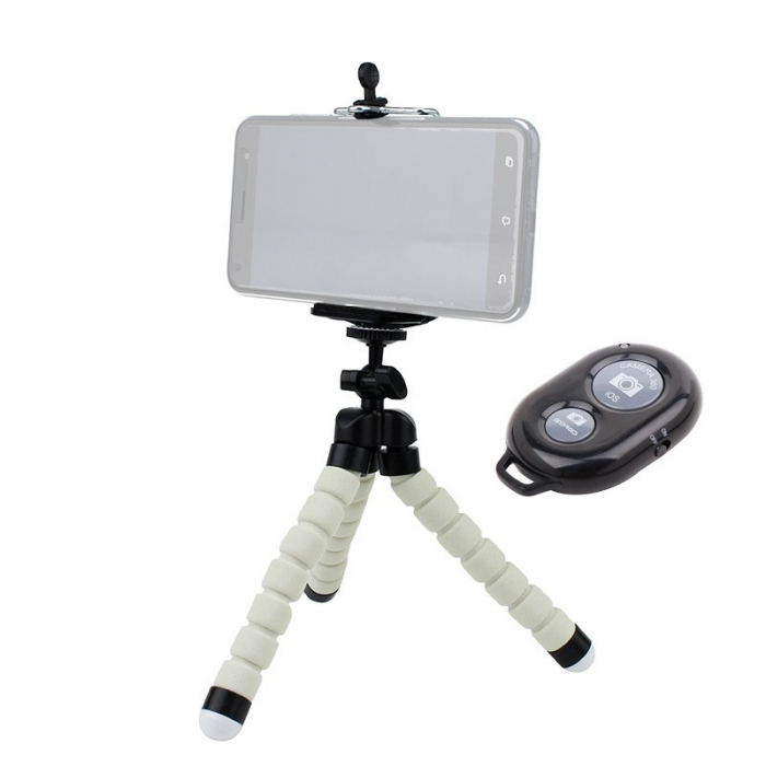 Mini trepied flexibil,filet universal 1/4,suport telefon + telecomanda bluetooth pentru telefon - Alb [3]
