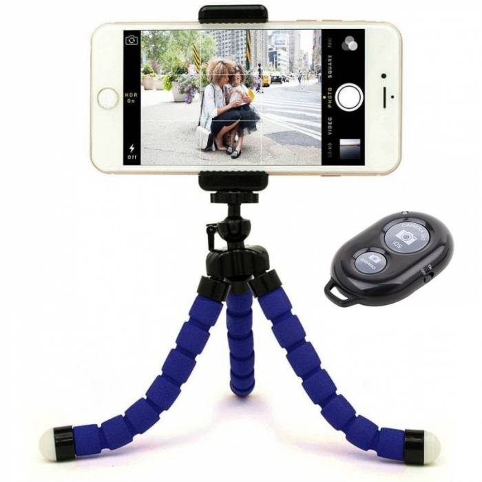 Mini trepied flexibil,filet universal 1/4,suport telefon + telecomanda bluetooth pentru telefon - Albastru [2]