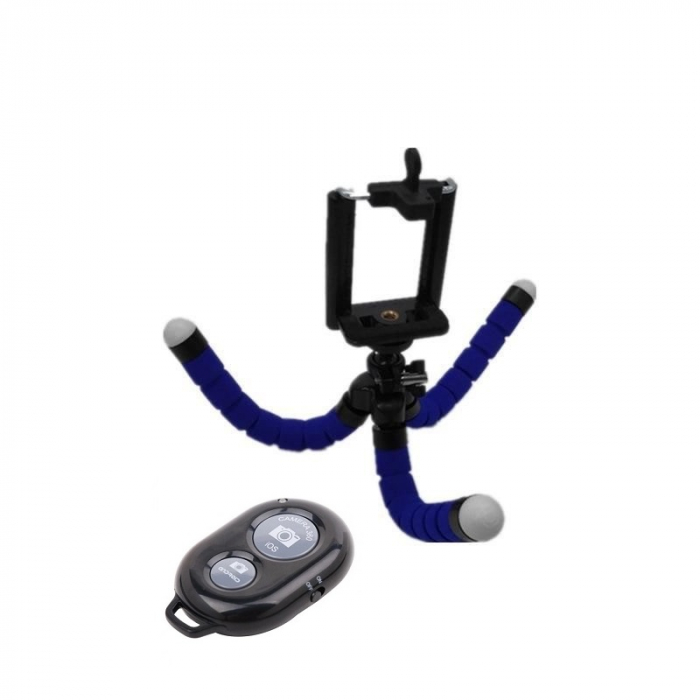 Mini trepied flexibil,filet universal 1/4,suport telefon + telecomanda bluetooth pentru telefon - Albastru [3]
