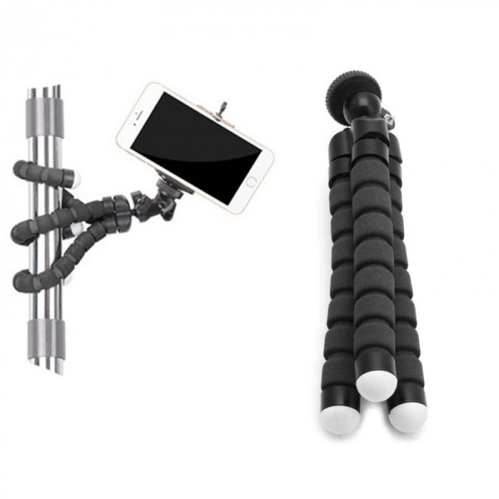 Mini trepied flexibil cu suport pentru telefon - Negru + telecomanda bluetooth pentru control telefon la distanta IOS sau ANDROID [3]