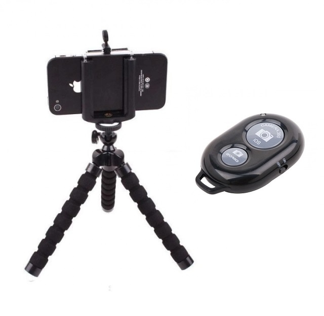 Mini trepied flexibil cu suport pentru telefon - Negru + telecomanda bluetooth pentru control telefon la distanta IOS sau ANDROID [2]