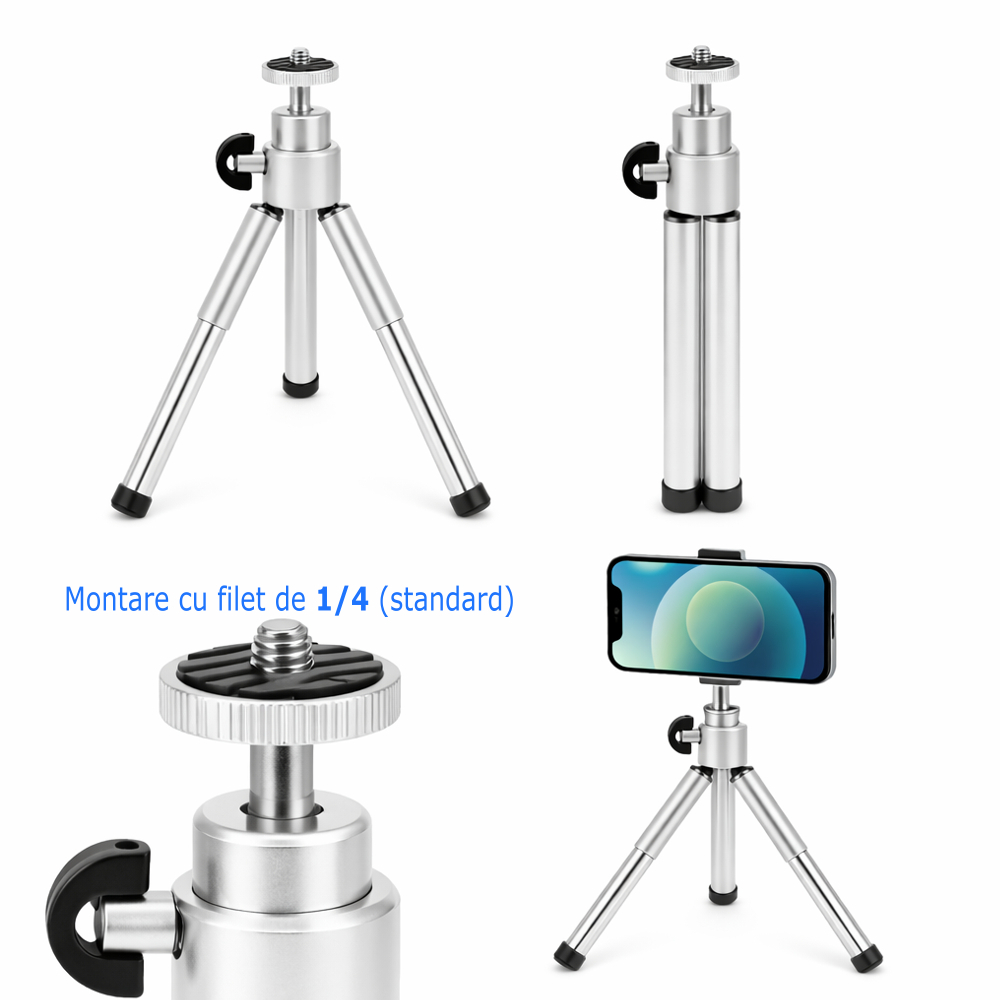 Mini trepied pentru telefon din aluminiu, extensibil 13.5–19.5 cm, cap tip bila rotativ, montura filet 1/4, suport compact pentru fotografie si filmare smartphone [2]