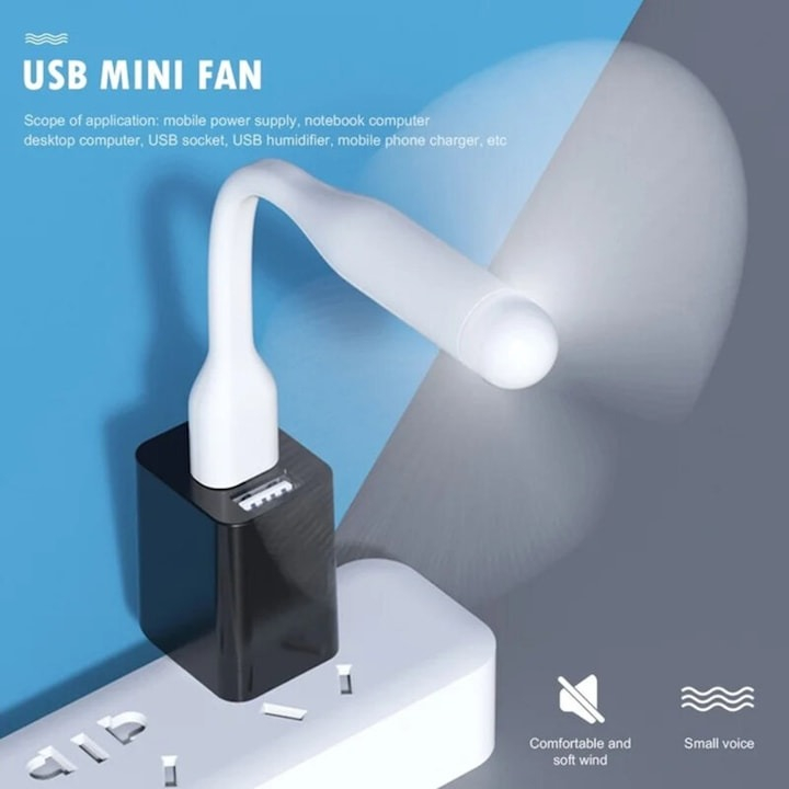Mini ventilator din silicon, cu alimentare prin USB, portabil, brat flexibil, 14 x 8.5 cm, alb [5]