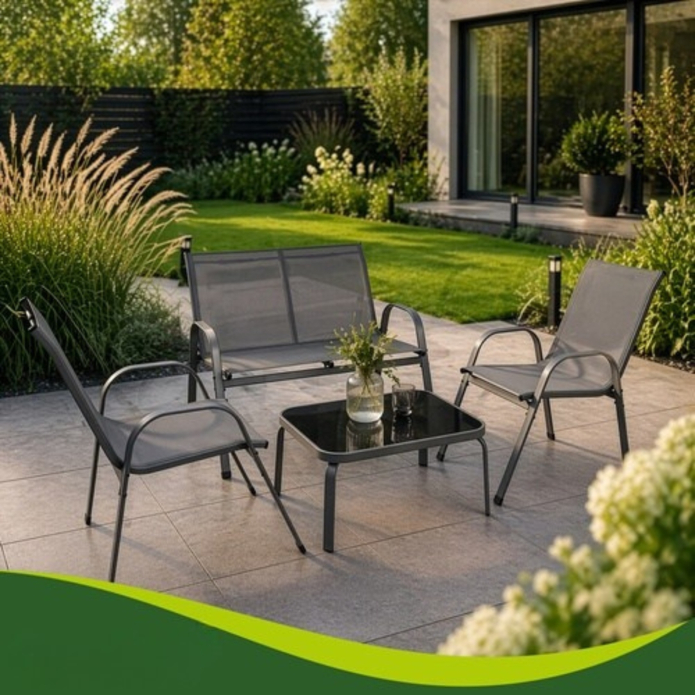 Mobilier de gradina, set 2 scaune, canapea 2 locuri, masa, cadru metalic, blat sticla, rezistent exterior, gri [6]