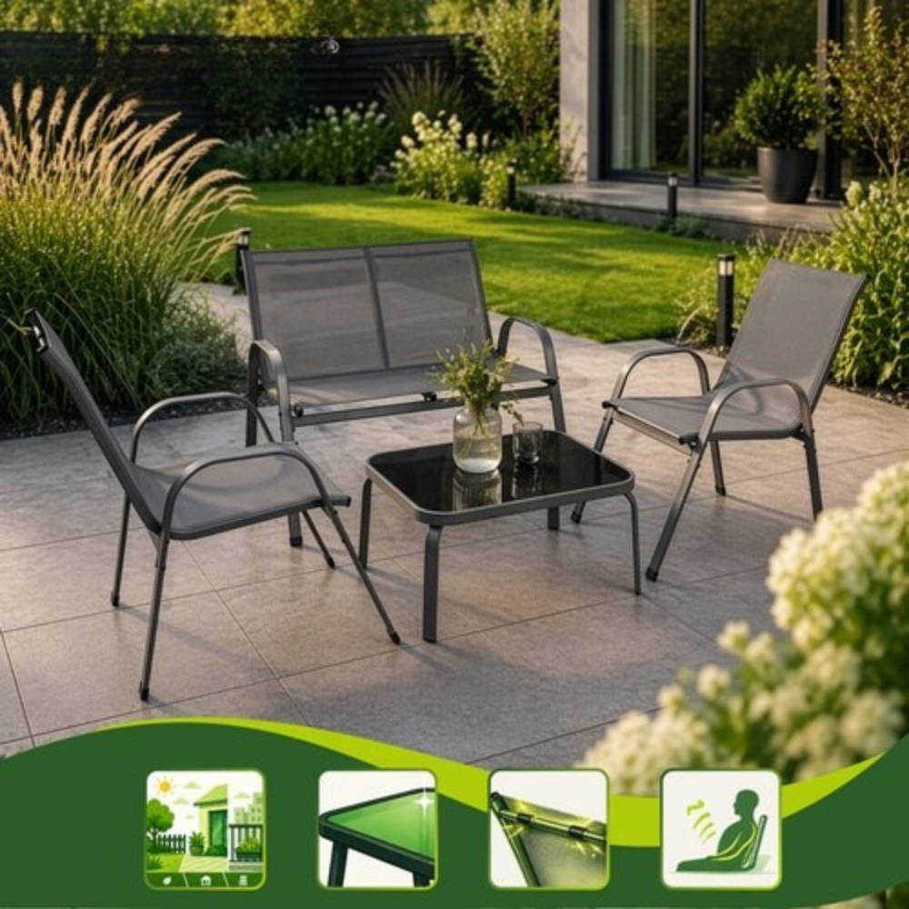 Mobilier de gradina, set 2 scaune, canapea 2 locuri, masa, cadru metalic, blat sticla, rezistent exterior, gri [7]