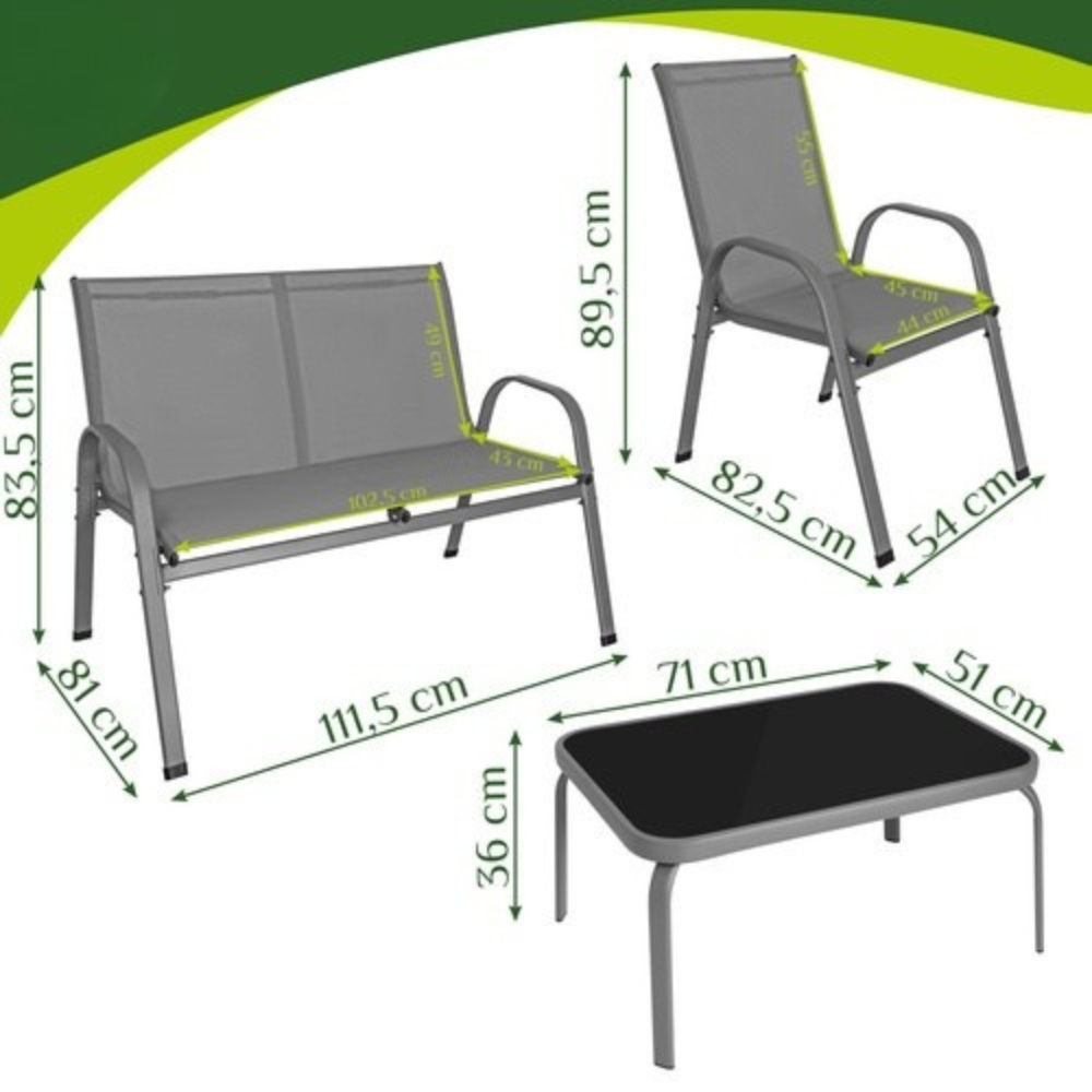 Mobilier de gradina, set 2 scaune, canapea 2 locuri, masa, cadru metalic, blat sticla, rezistent exterior, gri [3]