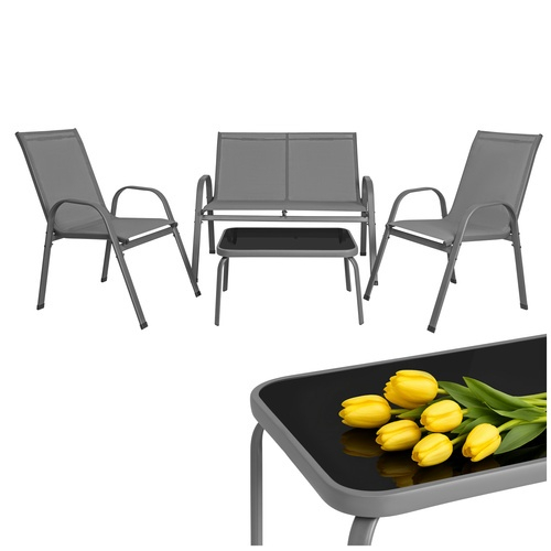Mobilier de gradina, set 2 scaune, canapea 2 locuri, masa, cadru metalic, blat sticla, rezistent exterior, gri [11]