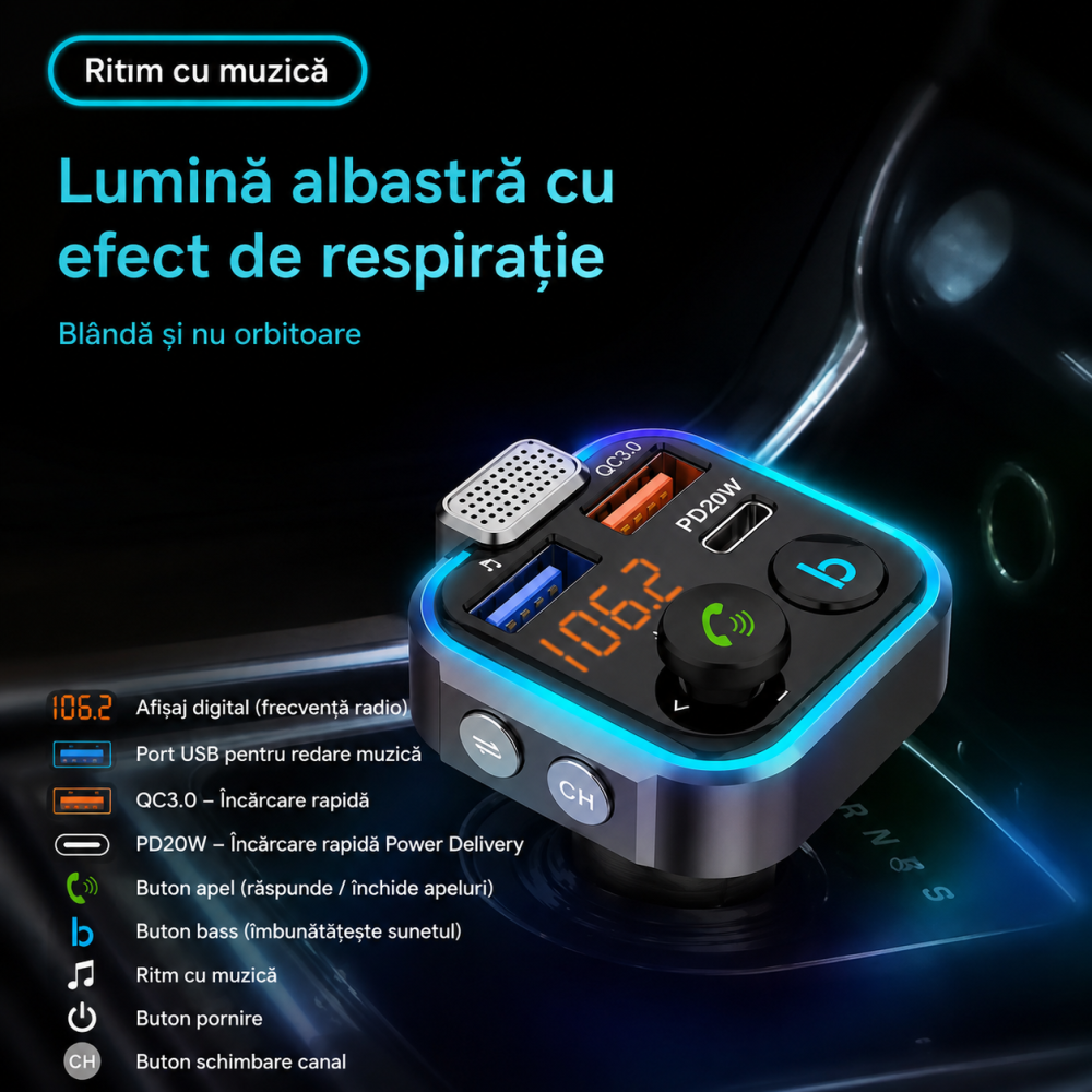 Modulator FM auto negru Bluetooth P5, transmitator wireless cu hands-free, USB QC3.0, USB-C PD 20W, afisaj digital, microfon si iluminare ambientala [8]