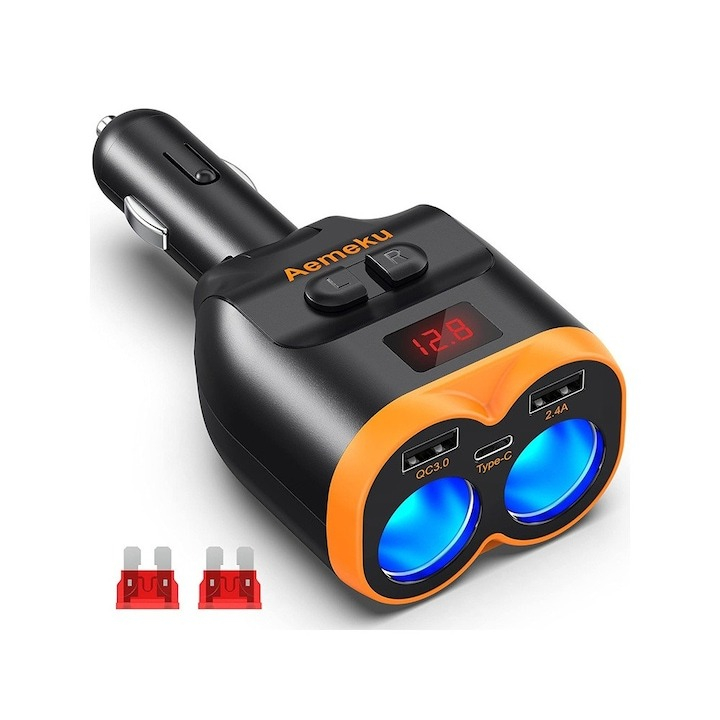 Multiplicator bricheta auto, 2 iesiri 40w, 2 usb qc 3.0 si 2.4a, 1 type c qc 18w, sigurante de 10a incluse - negru, portocaliu