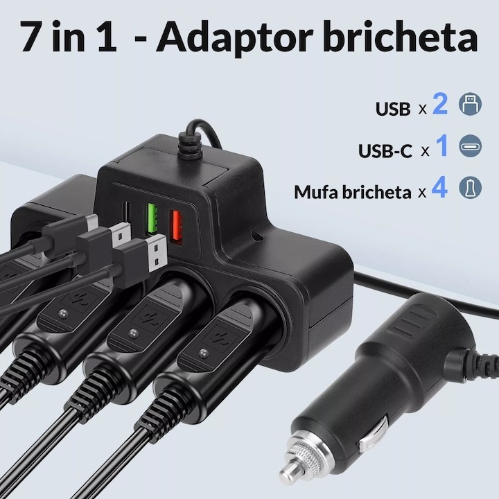 Multiplicator bricheta auto, 4 iesiri, 120 W, 2 x USB, 1 x tip C, 12V -24V, ABS, negru [6]