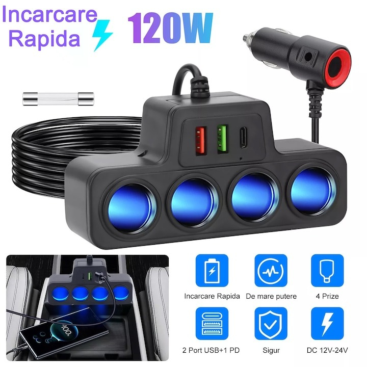 Multiplicator bricheta auto, 4 iesiri, 120 W, 2 x USB, 1 x tip C, 12V -24V, ABS, negru [2]