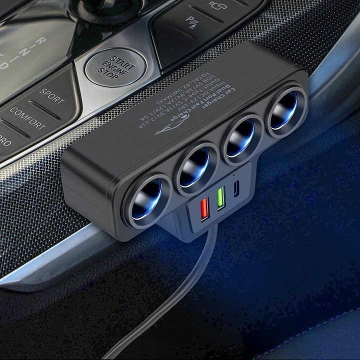 Multiplicator bricheta auto, 4 iesiri, 120 W, 2 x USB, 1 x tip C, 12V -24V, ABS, negru [4]