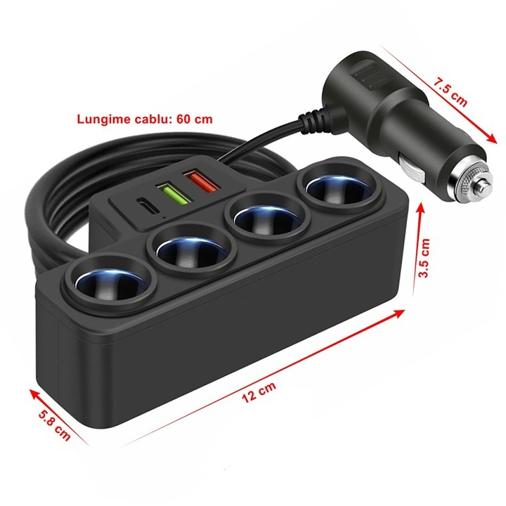 Multiplicator bricheta auto, 4 iesiri, 120 W, 2 x USB, 1 x tip C, 12V -24V, ABS, negru [3]