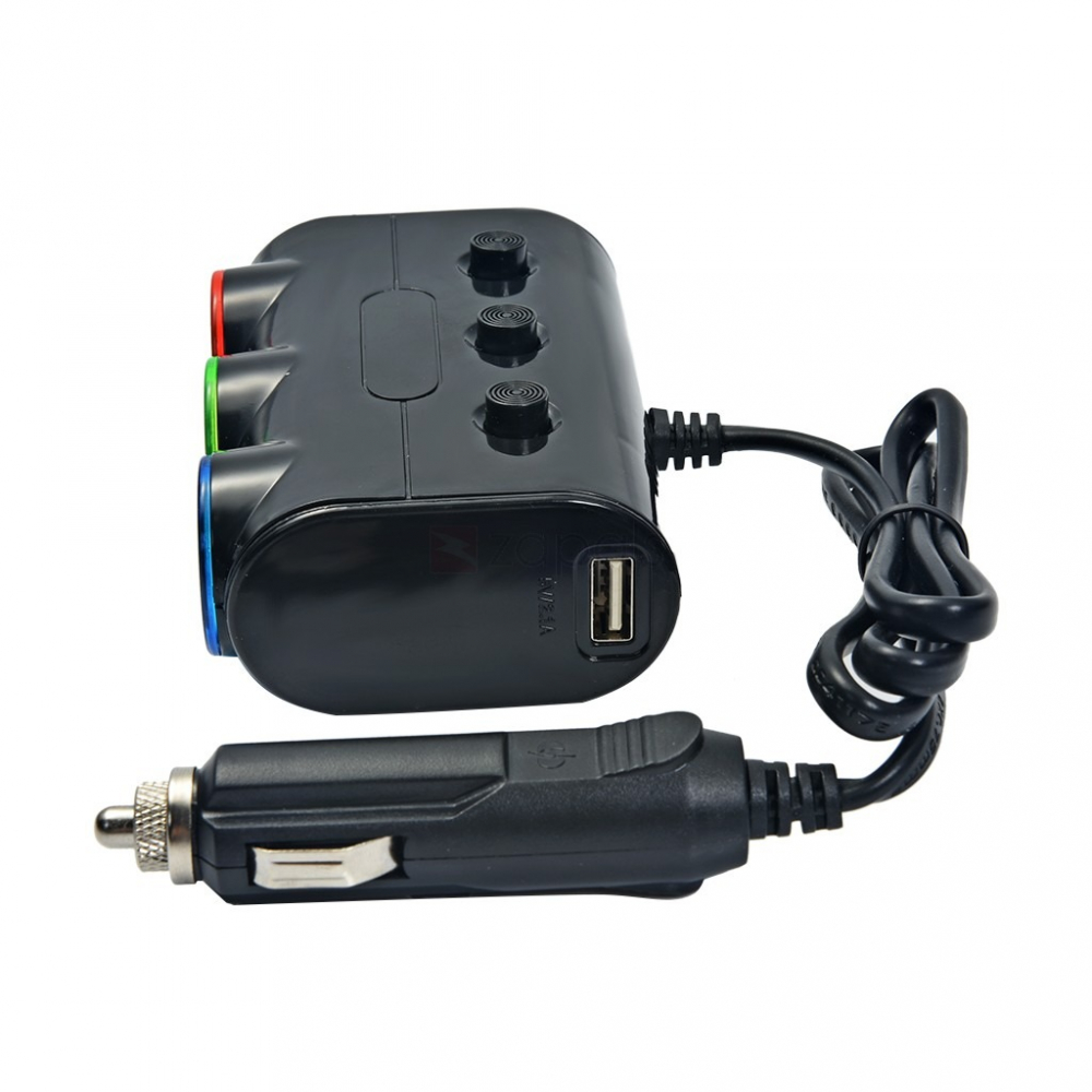 Multiplicator bricheta auto cu 3 iesiri si 2 USB, putere 120W, 12-24V - Negru