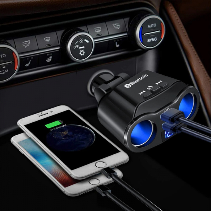 Multiplicator bricheta auto, modulator FM, Bluetooth, Handsfree, 2 x USB, 4.8A - Negru [2]