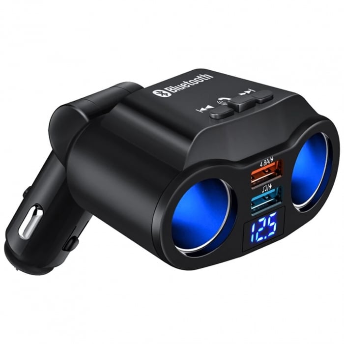 Multiplicator bricheta auto, modulator FM, Bluetooth, Handsfree, 2 x USB, 4.8A - Negru [4]