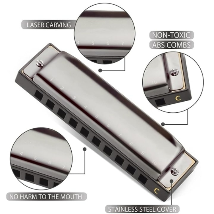 Muzicuta neagra argintie 10 x 2.8 x 2 cm, diatonica cu 10 gauri, acordaj Do, cu cutie de protectie, instrument muzical pentru copii si adulti [7]
