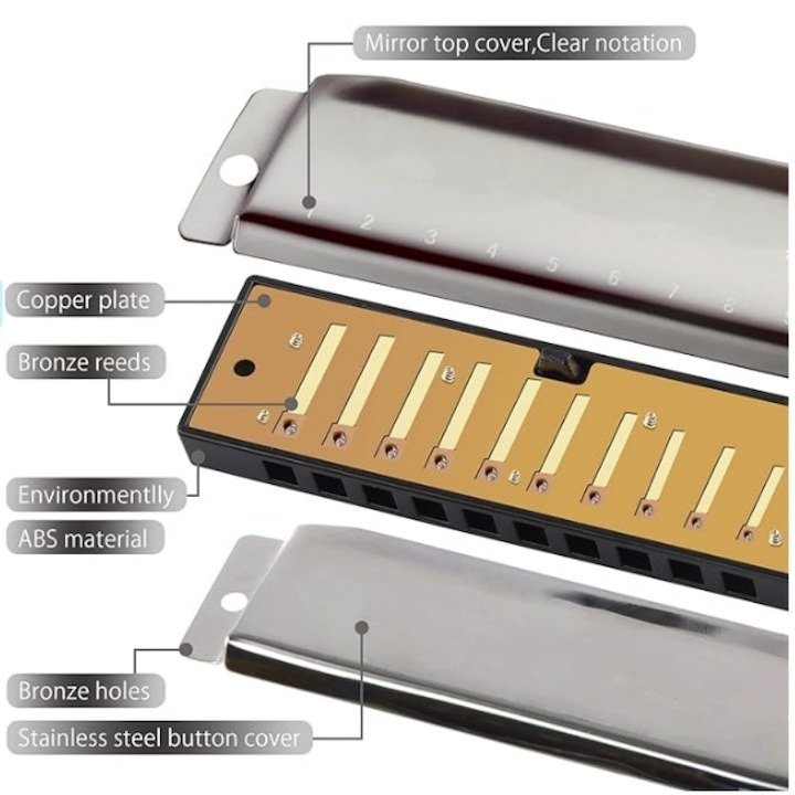 Muzicuta neagra argintie 10 x 2.8 x 2 cm, diatonica cu 10 gauri, acordaj Do, cu cutie de protectie, instrument muzical pentru copii si adulti [6]