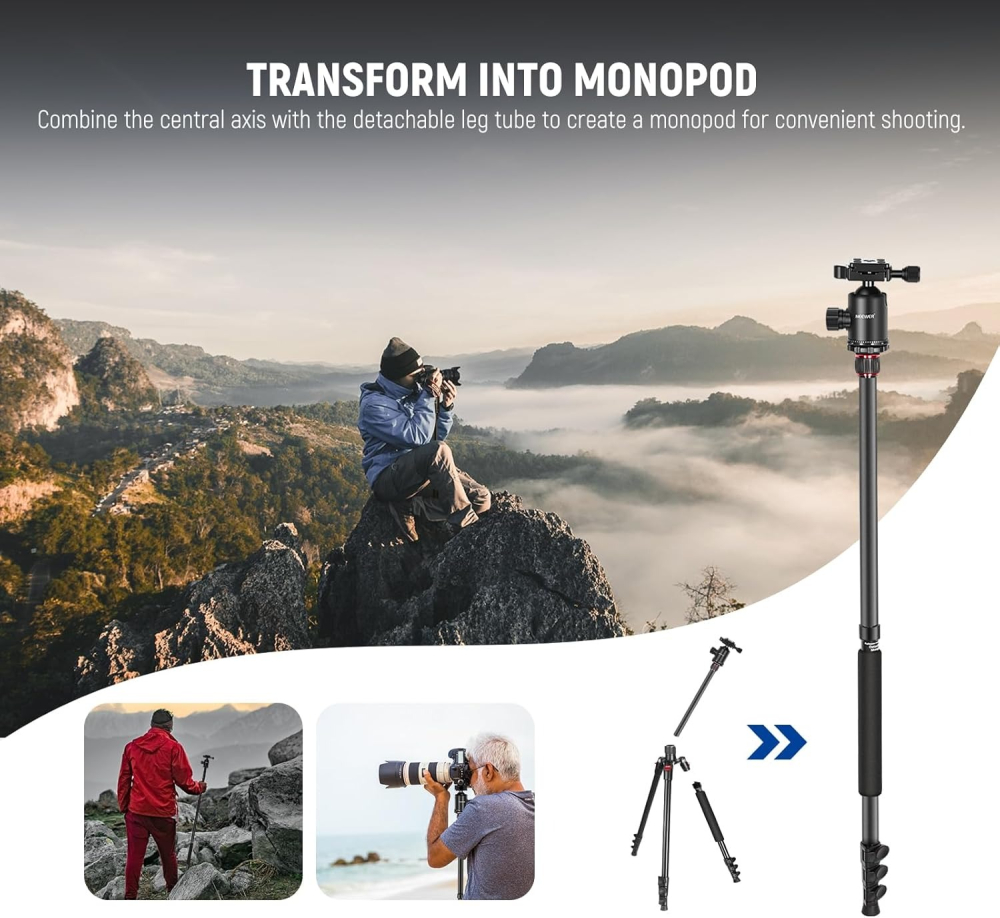 NEEWER 195cm, Camera Tripod Monopod pentru DSLR si Telefon, cap sferic 360°, 2 axe de centrare, Arca Detasare usoara, Husa, Compact, Aluminiu, Greutate maxima 15KG [8]