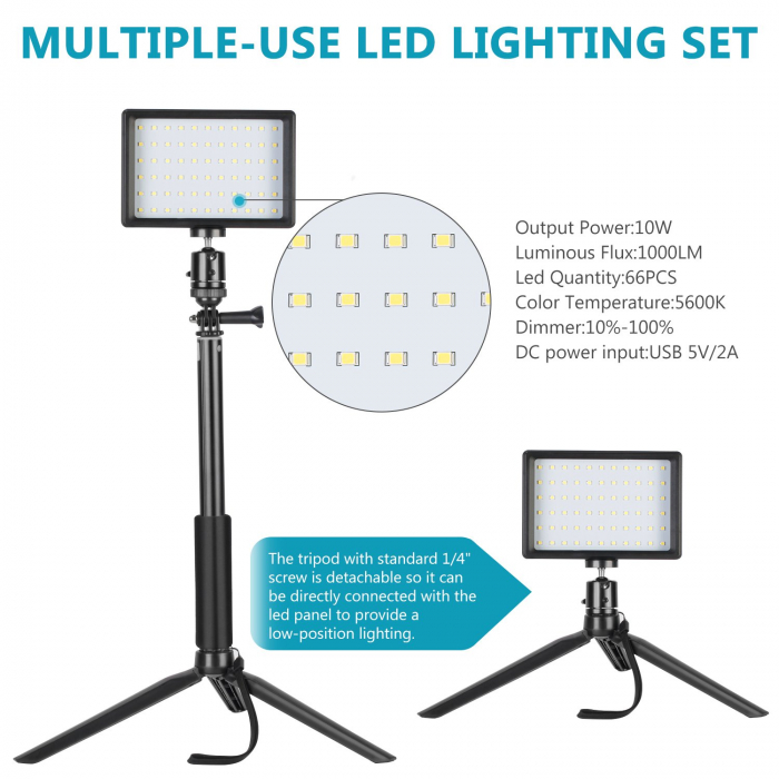 Kit 3 mini panouri LED Neewer, lumina ajustabila din filtre, cap bila 360 grade inclus, trepiezi-stativi reglabili 116 cm, 12 filtre de culoare multicolore [3]