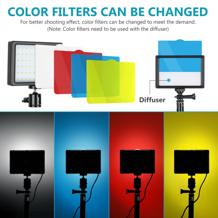 Kit 3 mini panouri LED Neewer, lumina ajustabila din filtre, cap bila 360 grade inclus, trepiezi-stativi reglabili 116 cm, 12 filtre de culoare multicolore [4]